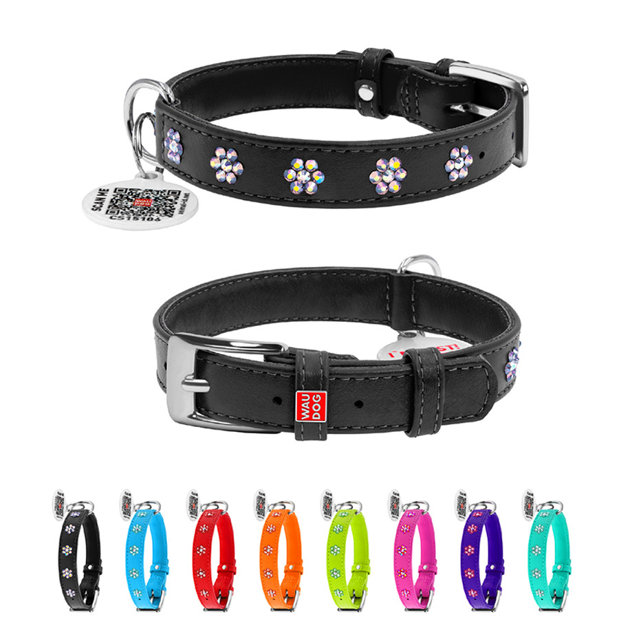 Нашийник для собак шкіряний WAUDOG Glamour з QR паспортом, з клейовими стразами "Квіти", Ш 20 м Коломия - фото 1