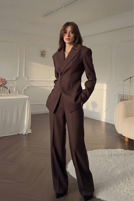 Жіночий стильний класичний костюм-двійка люкс + підкладка та плічка Шоколад, 46/48 Одеса - фото 1
