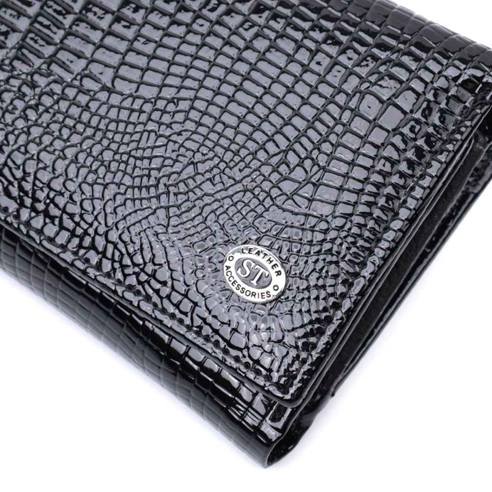 Женский кошелек в три сложения из лакированной фактурной натуральной кожи ST Leather 22707 Черный Киев - изображение 8
