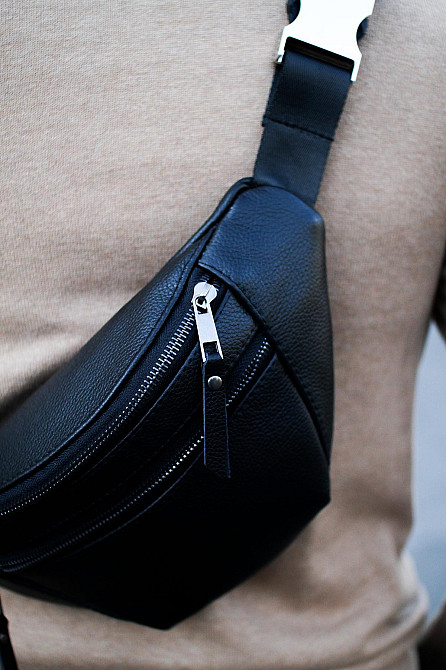 Чоловіча сумка-бананка на пояс з натуральної зернистої шкіри SKILL (Чорна) Суми - фото 5