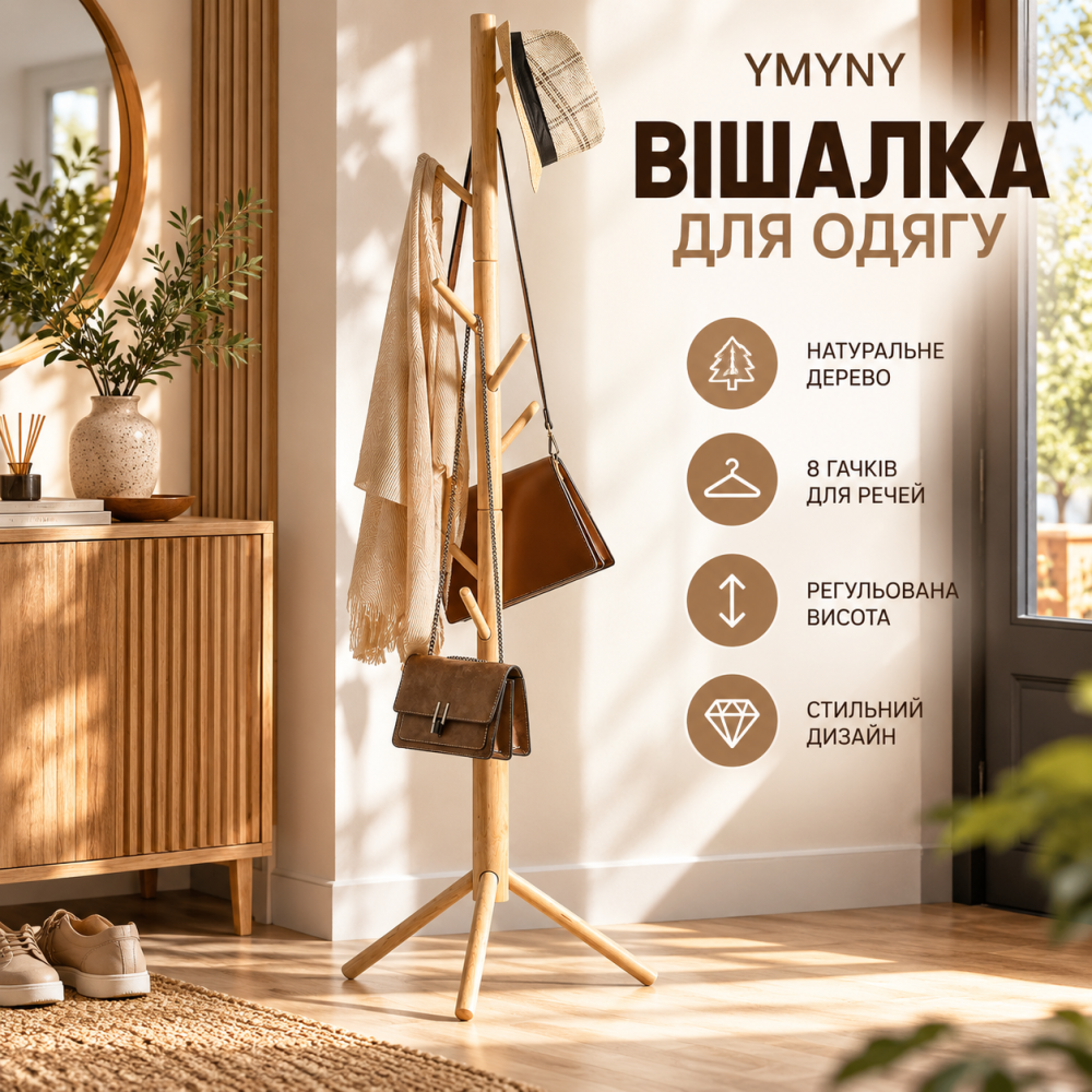 Вішалка для одягу YMYNY HCR001N, дерев'яна підлогова з 8 гачками, регульована по висоті, для передпокою, спальні та офісу Київ - фото 1