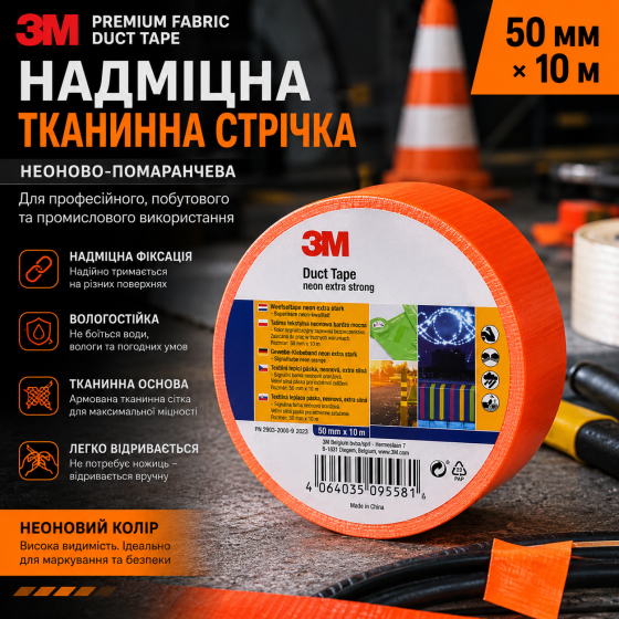 Клейка стрічка 3M Premium Fabric 50 мм × 10 м, надміцна тканинна армована стрічка, неоново-помаранчева, сигнальна Київ