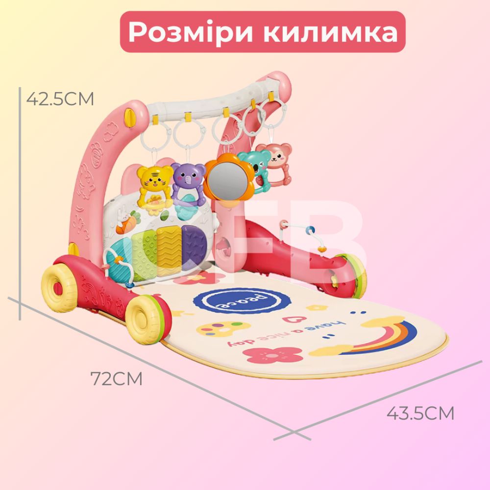 Дитячий розвиваючий килимок ходунки 2в1 коврик для немовлят музичне піаніно, каталка, світловий проектор, бізіборд Рожевий Київ - фото 6