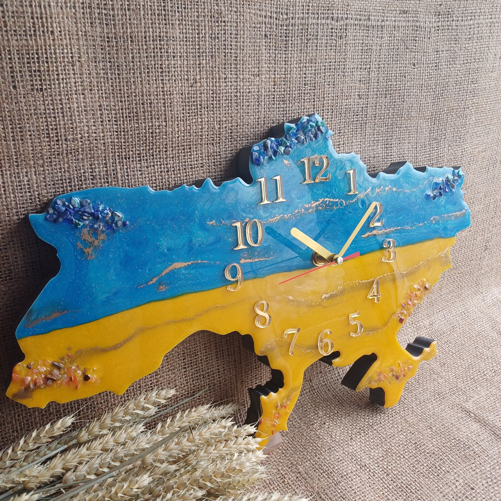 Настінний годинник з епоксидної смоли ручної роботи "Карта України" 50х32 см Дніпро - фото 2