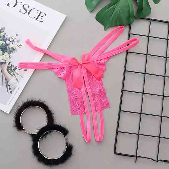 Еротичні трусики з мереживом та бантами рожеві - розмір універсальний, резинка до 86см Київ