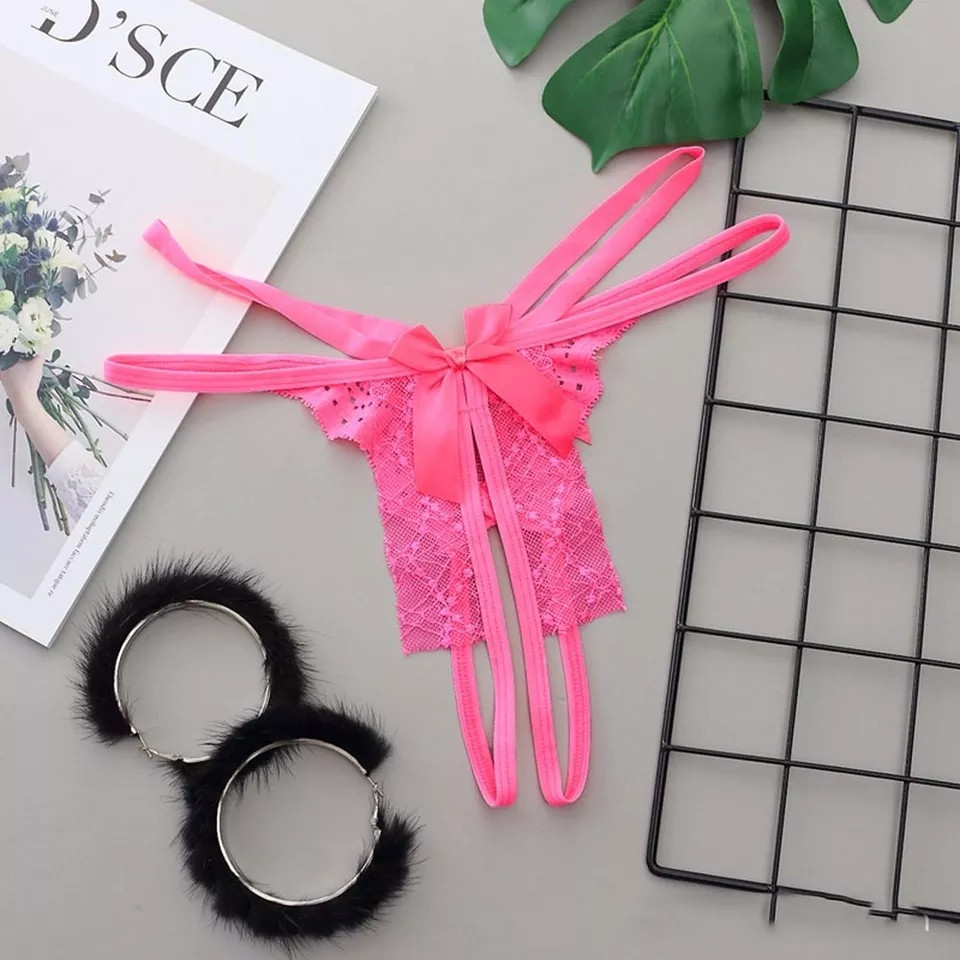 Еротичні трусики з мереживом та бантами рожеві - розмір універсальний, резинка до 86см Київ - фото 1