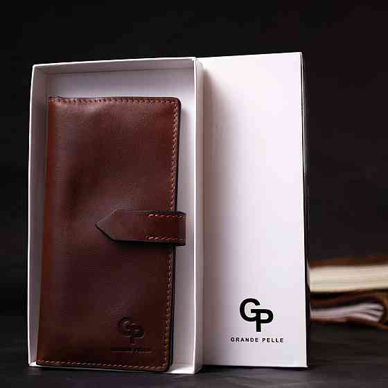 Цікавий вертикальний гаманець із натуральної шкіри GRANDE PELLE 11660 Коричневий Київ