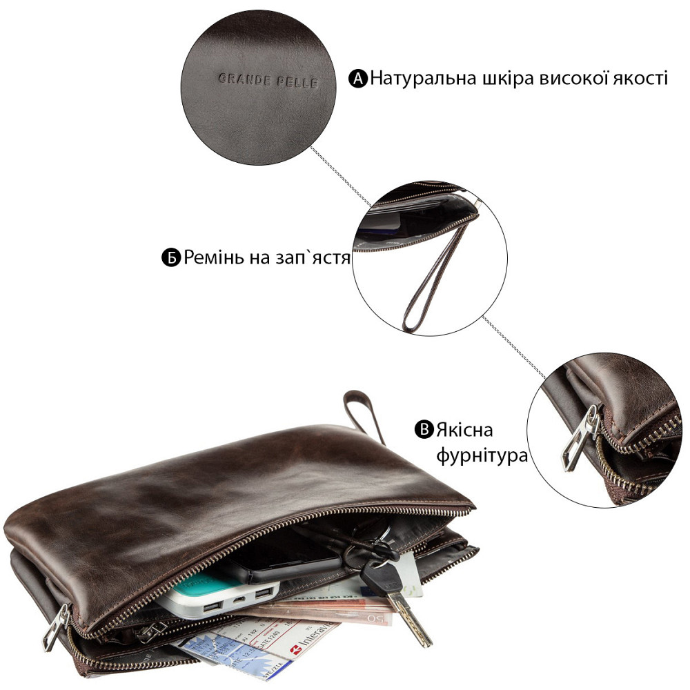 Барсетка мужская в гладкой коже Коричневая (GRANDE PELLE) Киев - изображение 2