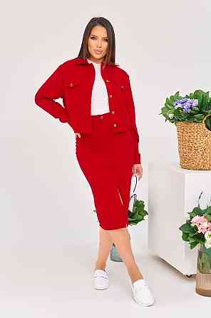 Женский стильный костюм двойка: жакет и юбка микровельвет Красный, 44 Одесса