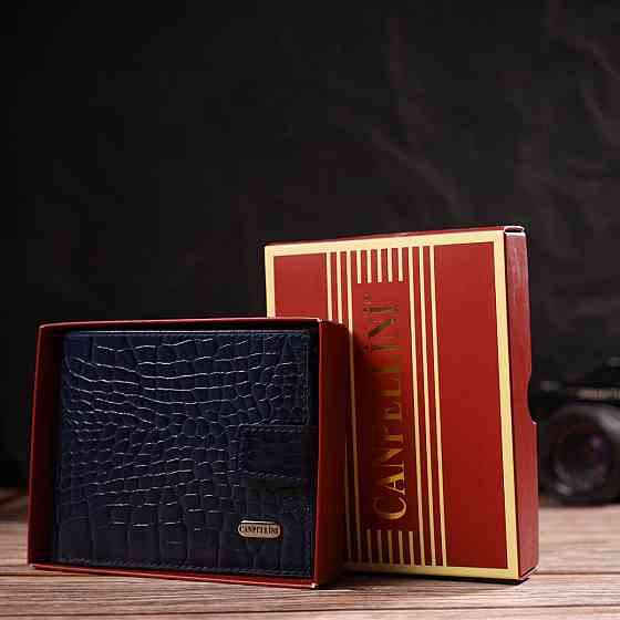 Гарний горизонтальний гаманець для чоловіків з натуральної шкіри з тисненням йод рептилію CANPELLINI 21889 Синий Київ