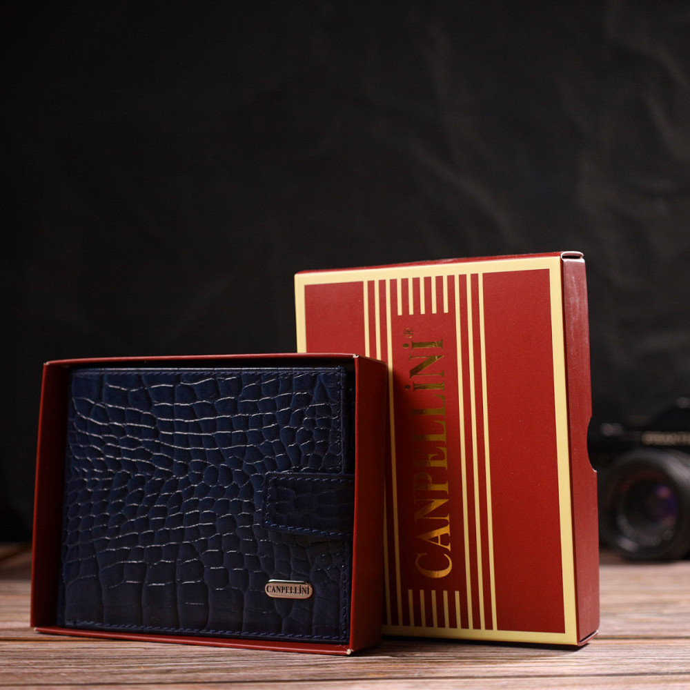 Красивый горизонтальный кошелек для мужчин из натуральной кожи с тиснением под рептилию CANPELLINI 21889 Синий Киев - изображение 1