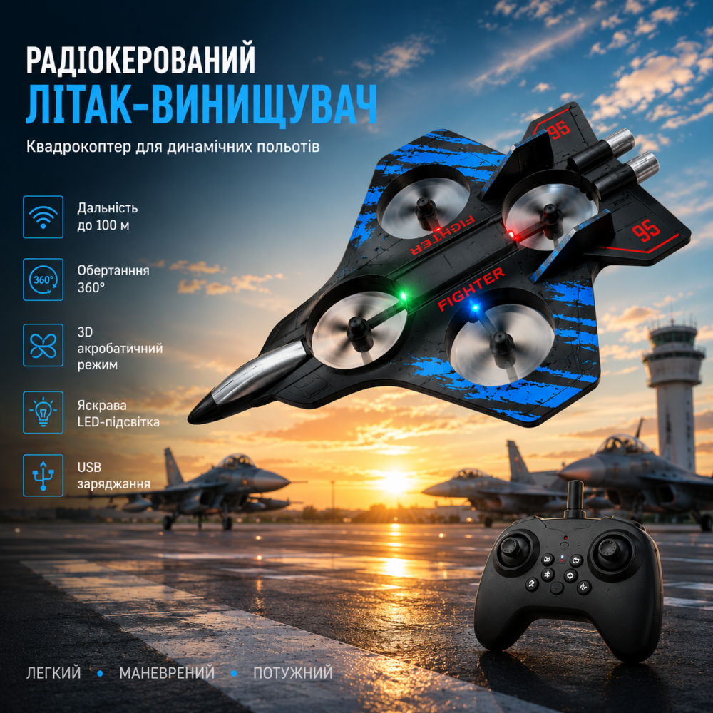 Літак-винищувач на радіокеруванні квадрокоптер USB, до 100 м, 360°, LED-підсвітка, 3D режим, пульт ДУ, чорно-синій Київ - фото 11