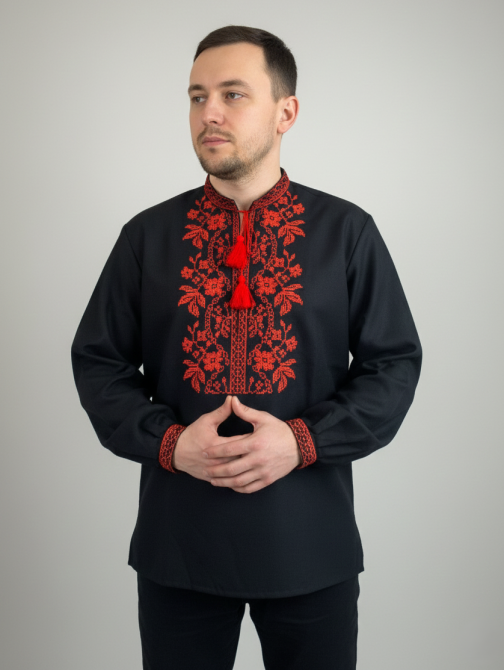 Чоловіча вишиванка чорного кольору на домотканому полотні Київ - фото 1