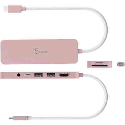 Концентратор J5create USB-C 6-in-1 2xUSB 3.2 + USB-C PD + HDMI 4K + SD/TF + 3.5mm rose (JCD373ER-N) Винница