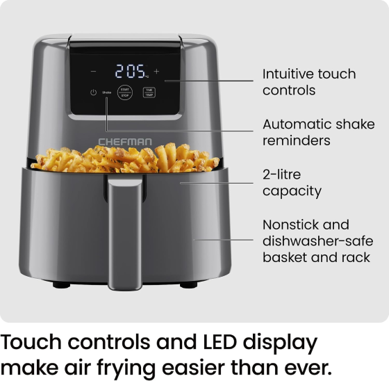 Аерофритюрниця Chefman TurboFry 2 л, 900 Вт, 80–205°C, цифрове сенсорне керування, таймер, нагадування про струшування, сіра Київ