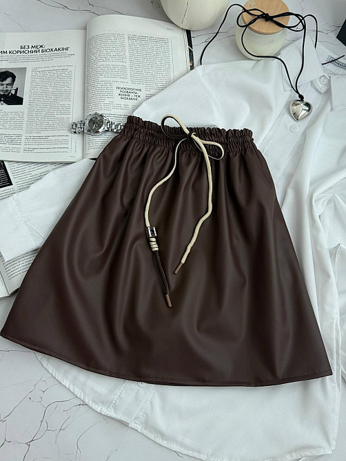 Женская базовая мини юбка на резинке эко-кожа + вискоза Шоколад, 46/48 Одесса - изображение 1