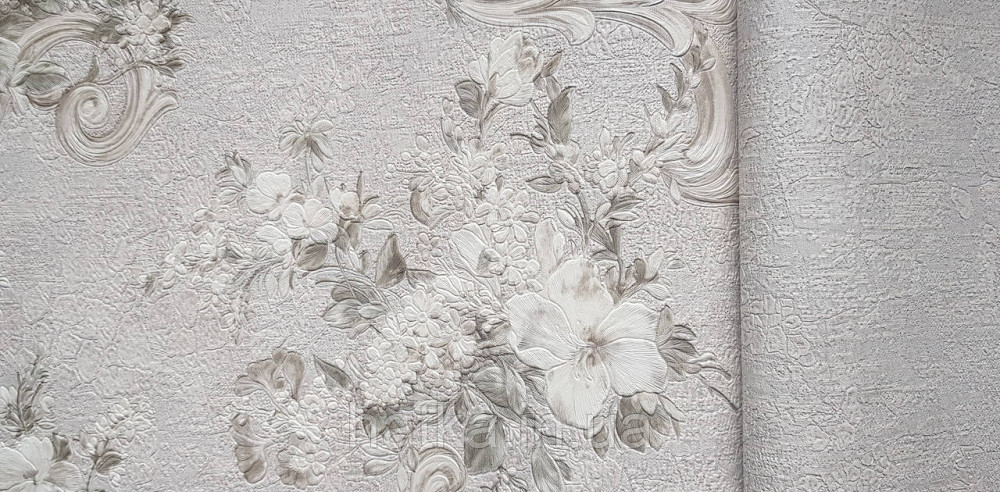 Шпалери вінілові на флізеліні AdaWall Signature1.06х10 квіти гілки листя структурне біле срібло 3д Київ - фото 4
