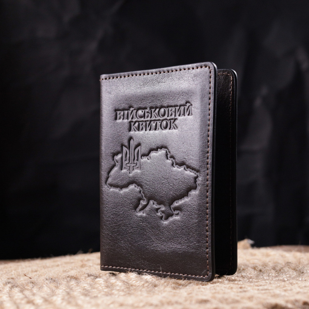 Практична обкладинка із глянсової шкіри на військовий квиток Карта GRANDE PELLE 16778 Коричнева Київ - фото 7