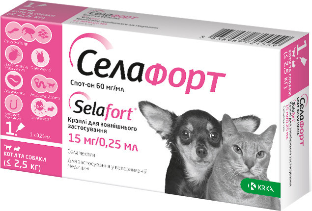 Селафорт (Selafort) капли от блох клещей и гельминтов для кошек и собак весом до 2,5 кг (1 пипетка) KRKA 11.26 Винница - изображение 1