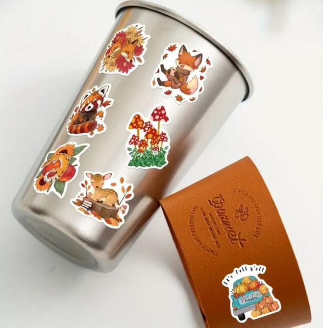 Осінні веселі наклейки з твариними, осінні стікери, Водонепроникні вінілові наклейки для Пляшки Води Київ - фото 4