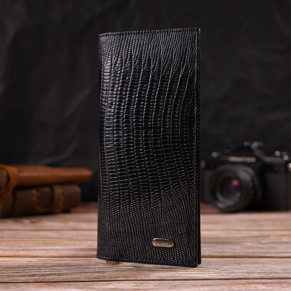 Фактурний чоловічий вертикальний гаманець з натуральної шкіри з тисненням Чорний (CANPELLINI) Київ - фото 2