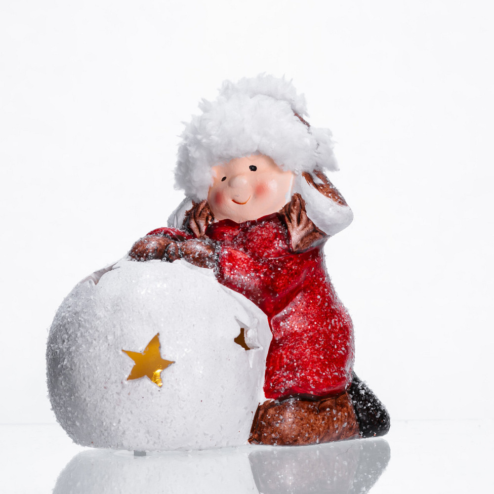 Новорічна фігурка з підсвіткою Дівчинка зі сніговою кулею з фарфори 12×7×12 (см) новорічний декор для дому на подарунок Червоний Київ - фото 1