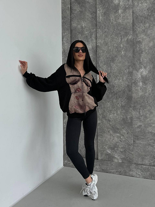 Женская стильная оверсайз худи с капюшоном на молнии петля пенье + турецкая рибана Черный, 48/50 Одесса - изображение 5