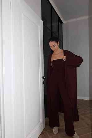 Жіночий базовий костюм-трійка: кардиган топ і штани турецька віскоза Шоколадний Одеса