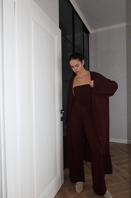 Жіночий базовий костюм-трійка: кардиган топ і штани турецька віскоза Шоколадний Одеса - фото 6