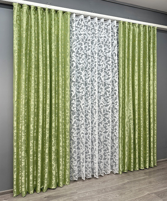 Комплект штор VR-Textil Жакард Вензель 150х270 2шт і Тюль 400х270 297ш-1147т Салатовий з білим 71-095/3 Київ - фото 3