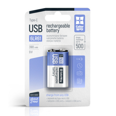 Аккумулятор Крона USB-С 390 mAh 9V (Li-Polymer) ColorWay (CW-UB9V-06) Винница - изображение 1