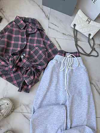 Женский стильный прогулочный костюм двойка: рубашка и штаны фланель + двунитка Розовый, 48/52 Одесса