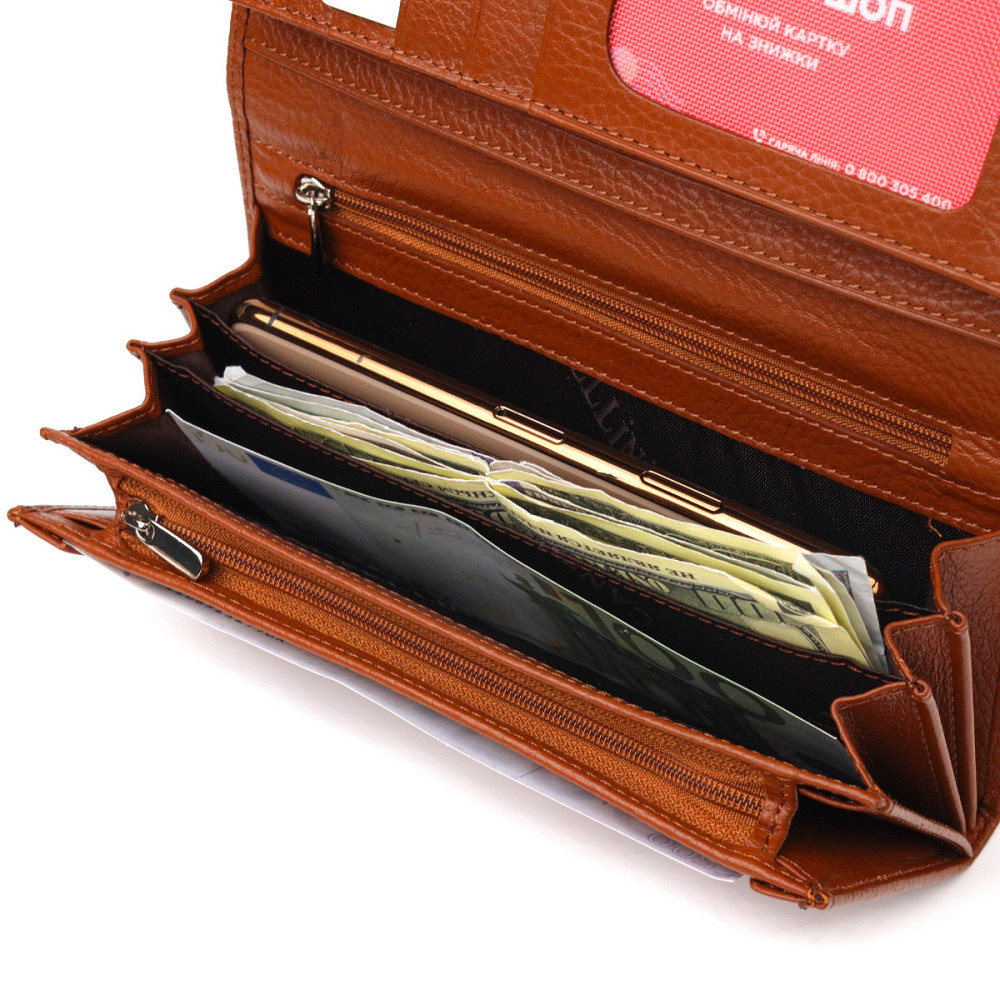 Вместительное женское портмоне с монетницей из натуральной кожи CANPELLINI 21524 Светло-коричневое Киев - изображение 9