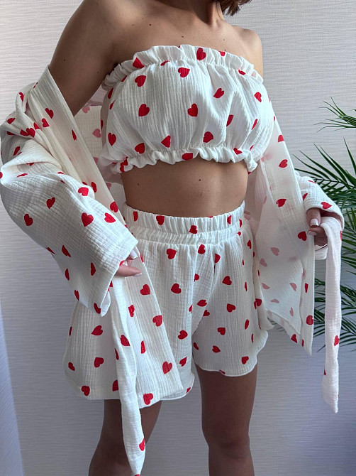 Жіночий ніжний домашній костюм-трійка: халат топ і шорти із сердечками муслін 100% бавовна Білий 2 Одеса - фото 8