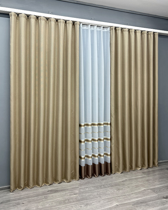 Комплект штор VR-Textil Лен Мешковина 150х270 2шт и Тюль 600х270 292ш-1579т Бежевый с молочным 71-160/5 Киев - изображение 3