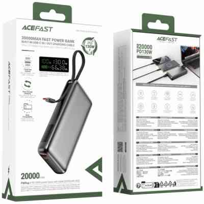 Батарея универсальная Acefast 20000mAh 130W PD, QC/3.0 USB-A+USB-C In/Out,build-in cable M22 Gray (6974316283904) Винница