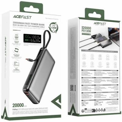 Батарея универсальная Acefast 20000mAh 130W PD, QC/3.0 USB-A+USB-C In/Out,build-in cable M22 Gray (6974316283904) Винница - изображение 5