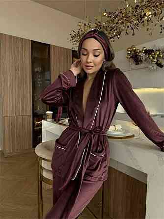 Жіноча затишна піжама: халат-кімоно, штани + пов'язка на голову велюр Шоколад, 42/44 Одеса