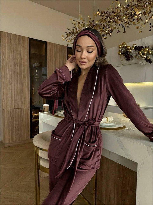 Жіноча затишна піжама: халат-кімоно, штани + пов'язка на голову велюр Шоколад, 42/44 Одеса - фото 1