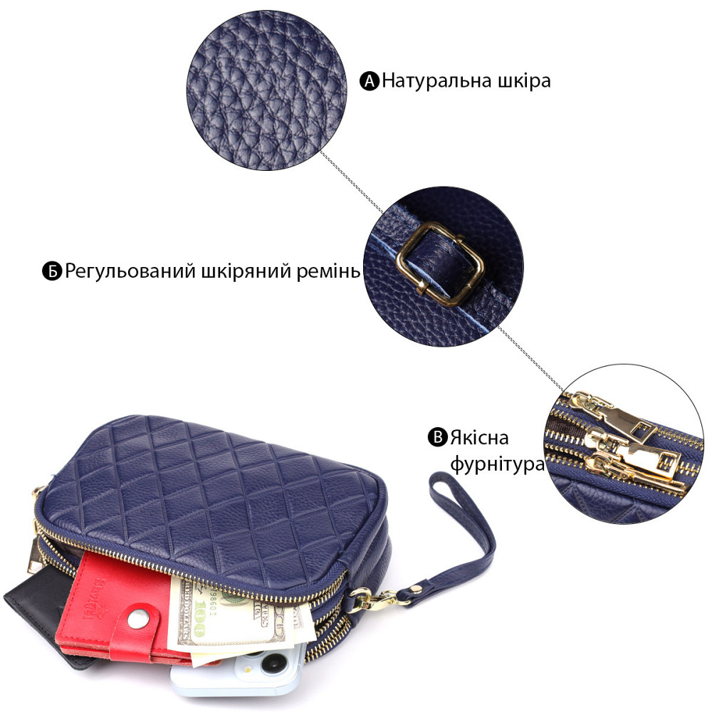 Кожаная сумка на три отделения для женщин Vintage 22892 Синий Киев - изображение 5