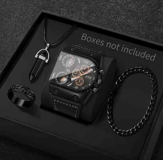Подарунковий набір для чоловіків наручний годинник браслет кулон та кільце чорний Київ
