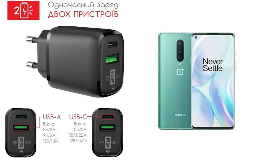 Сетевое зарядное устройство для OnePlus 8, 8 Pro, 8T, 20W 3A, Quick Charge 3.0 Киев - изображение 1