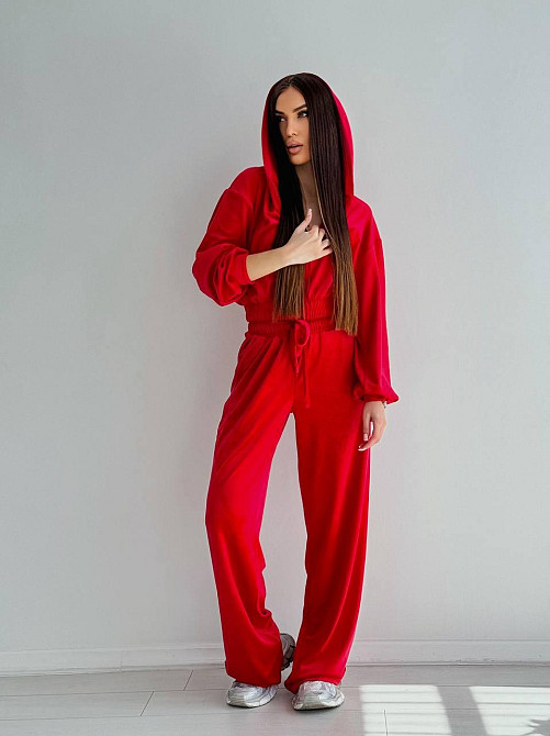 Женский стильный костюм двойка: кофта и штаны из плюш велюра Красный, 44/46 Одесса - изображение 4
