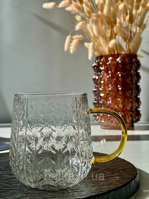 Кухоль чашка Olens "Золотий смужок" 390 мл 8030-261 прозорий із жовтою ручкою Київ - фото 1