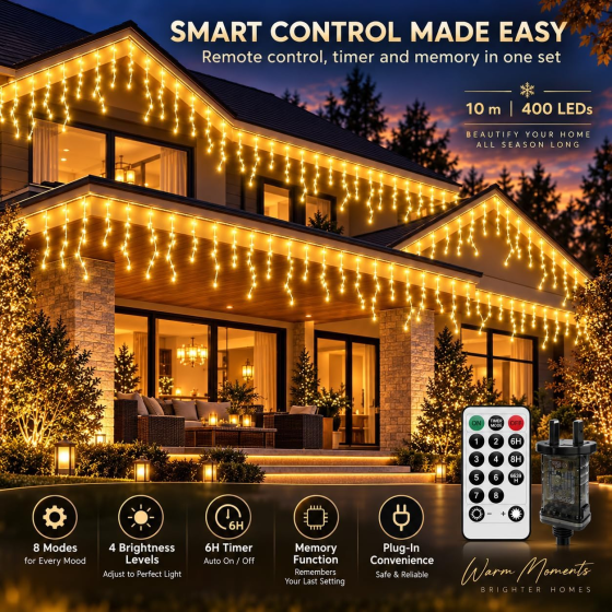 Вулична LED-гірлянда бурульки CORST 10 м 400 LED, теплий білий, пульт, таймер, 8 режимів, IP44 Київ
