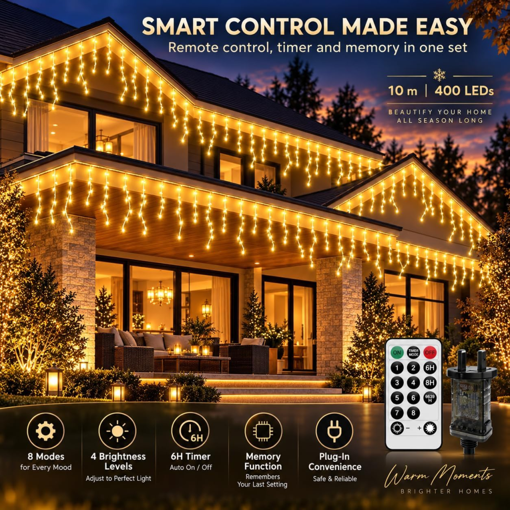 Уличная LED-гирлянда сосульки CORST 10 м 400 LED, теплый белый, пульт, таймер, 8 режимов, IP44 Киев - изображение 5
