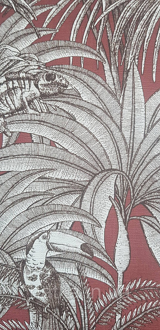 Шпалери вінілові на флізеліні Rasch Clasik 0,53х10 птиці папуги тваринні пальми листя сіре на бордовому Київ - фото 4