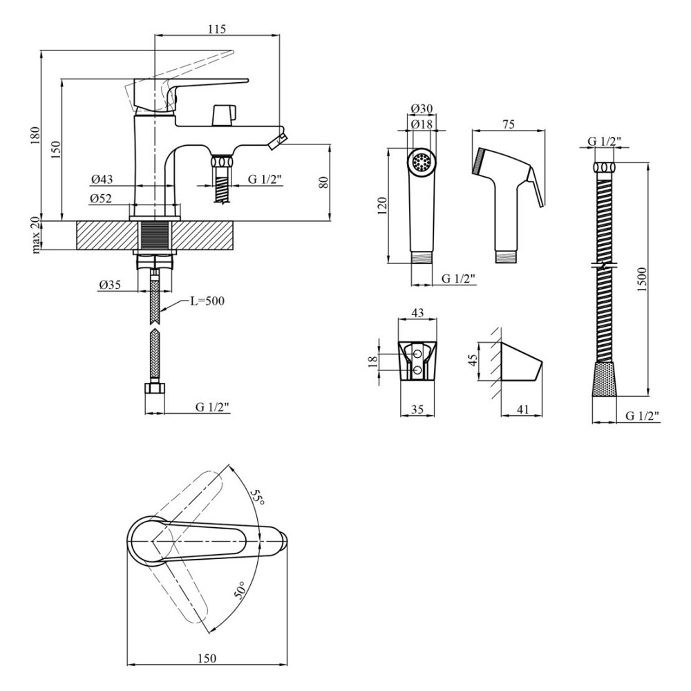 Змішувач для раковини Kroner KRM Elbe - C015 з гігієнічним душем Київ - фото 9