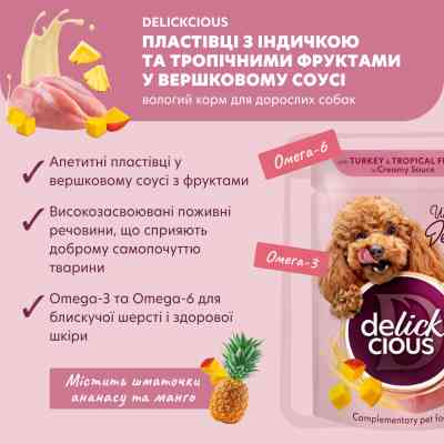 Вологий корм для собак Delickcious Пластівці з індичкою та тропічними фруктами у вершковому соусі 80 г (4820269141827) Вінниця