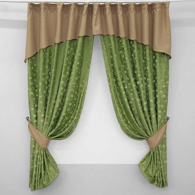 Кухонные шторы VR-Textil № 073к с ламбрекеном и подхватами темно-кофейный с оливковым 285х170 см (50-996) Киев - изображение 7